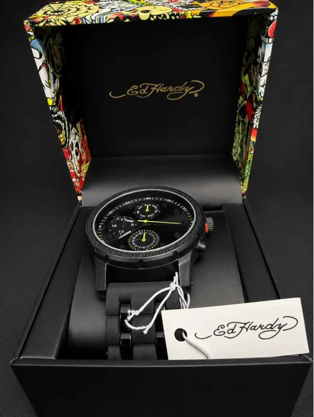 #703 Ed Hardy Black Chronograph-Style Watch with Original Box & Tags